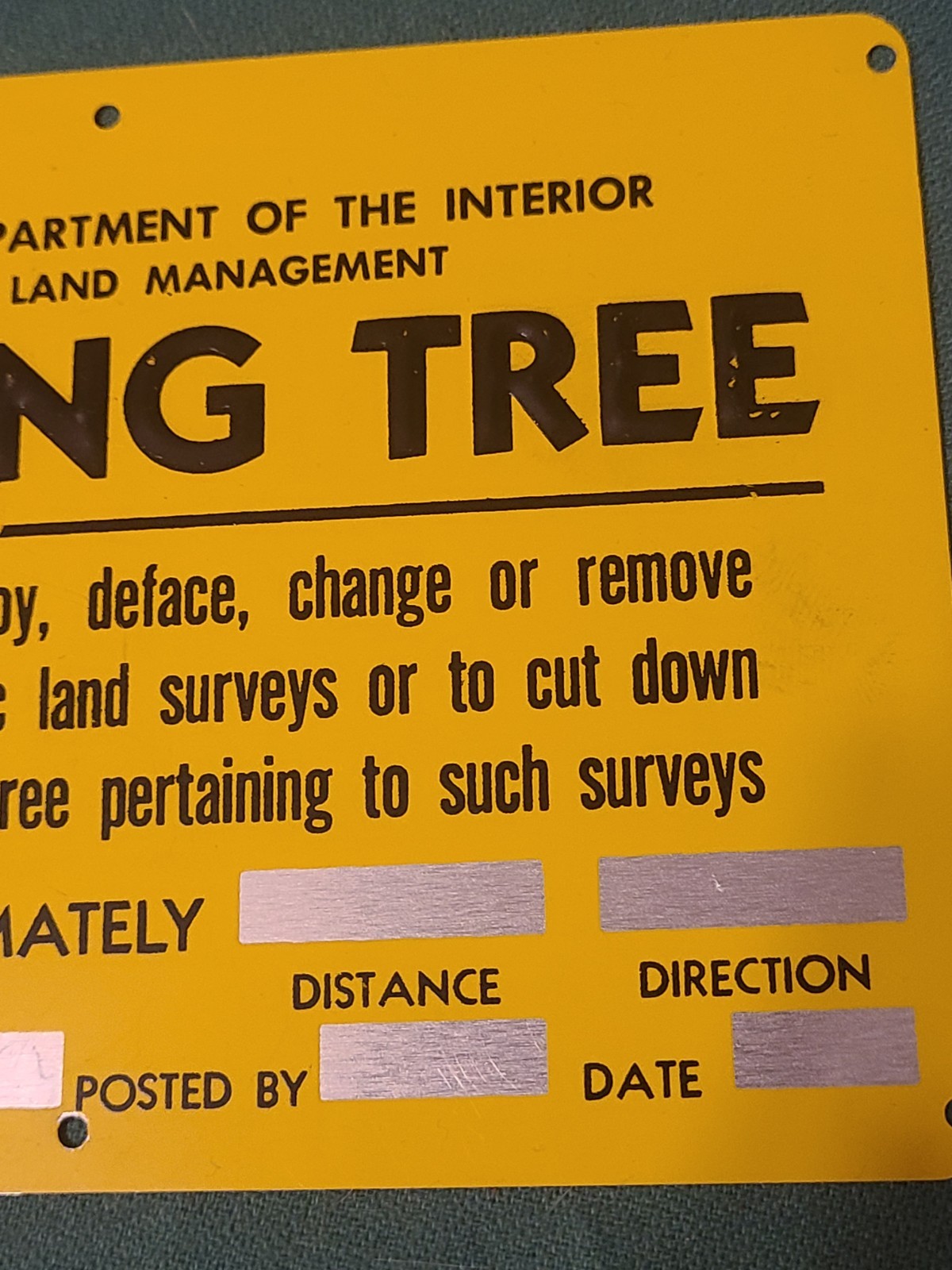 Mint Unused Bearing Tree Metal Sign Land Surveyor Used 4″ x 6″