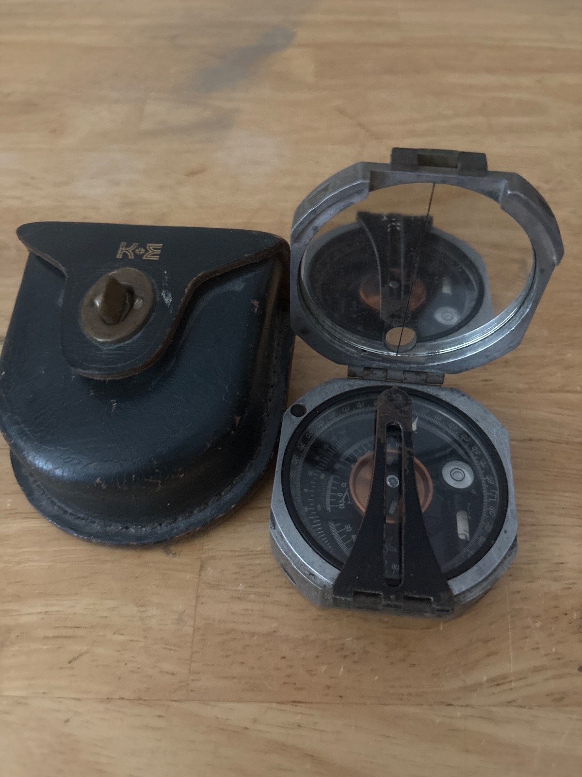K&E (Keuffel & Esser) leather carrying case with compass