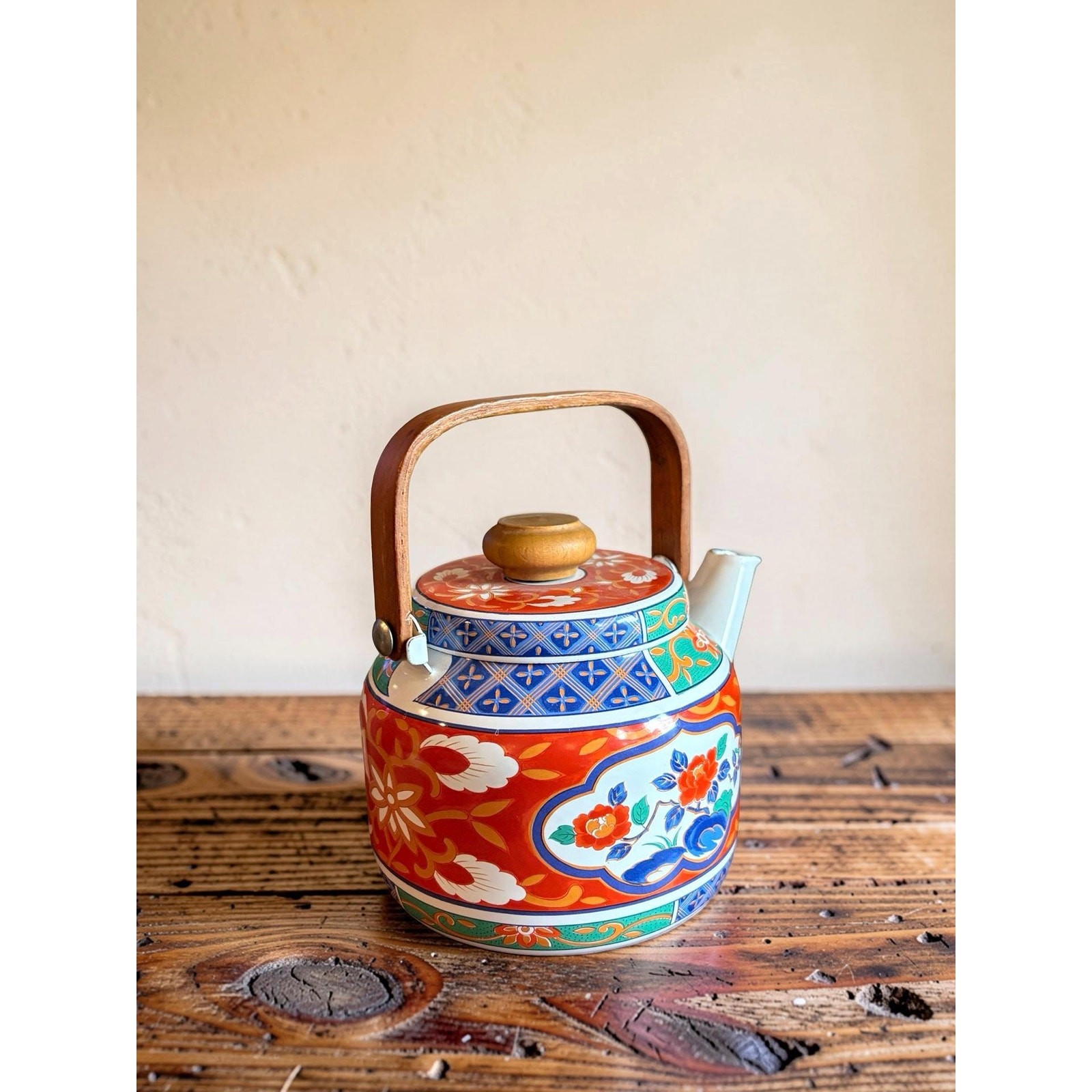 Vintage Takahashi Japan Imari Teapot Wooden Handle Mid Century