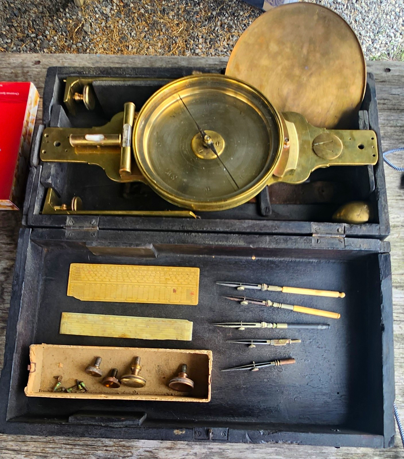 W & L E Gurley Brass Surveying Compass w/ Wooden Case & Accessories