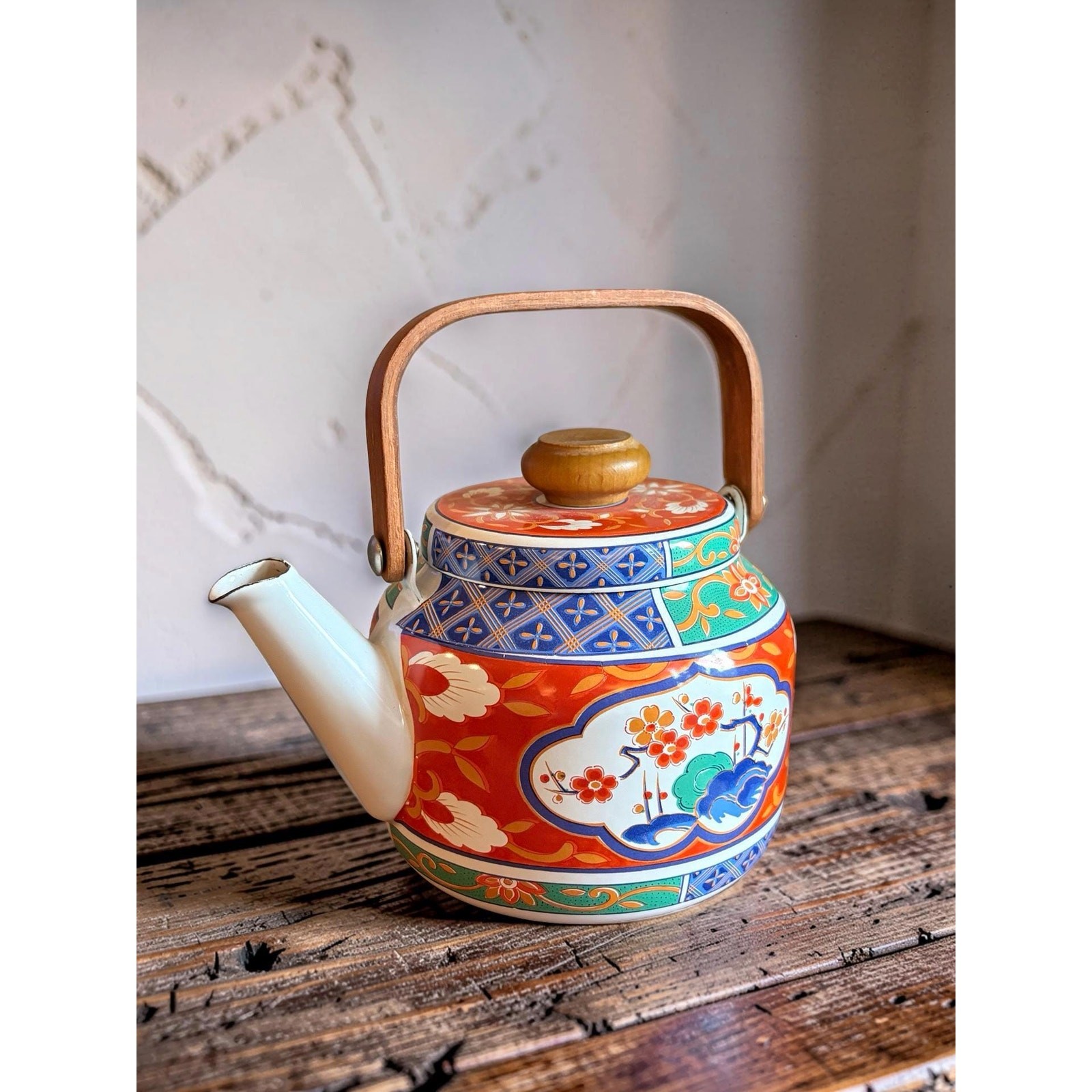 Vintage Takahashi Japan Imari Teapot Wooden Handle Mid Century