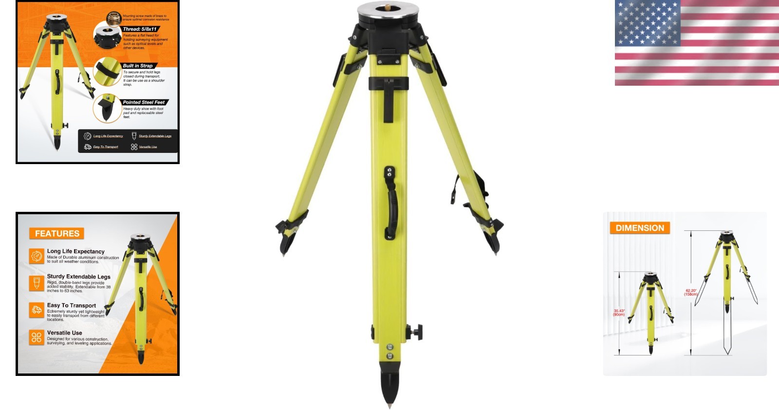 Lightweight 72” Fiberglass Surveying Tripod – Portable with Strong Stability