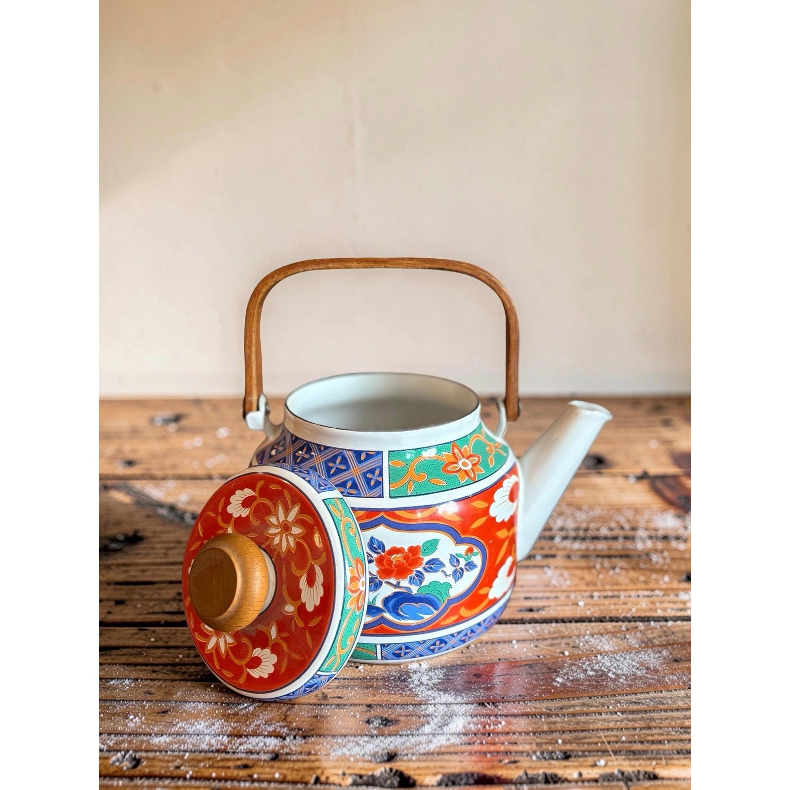 Vintage Takahashi Japan Imari Teapot Wooden Handle Mid Century