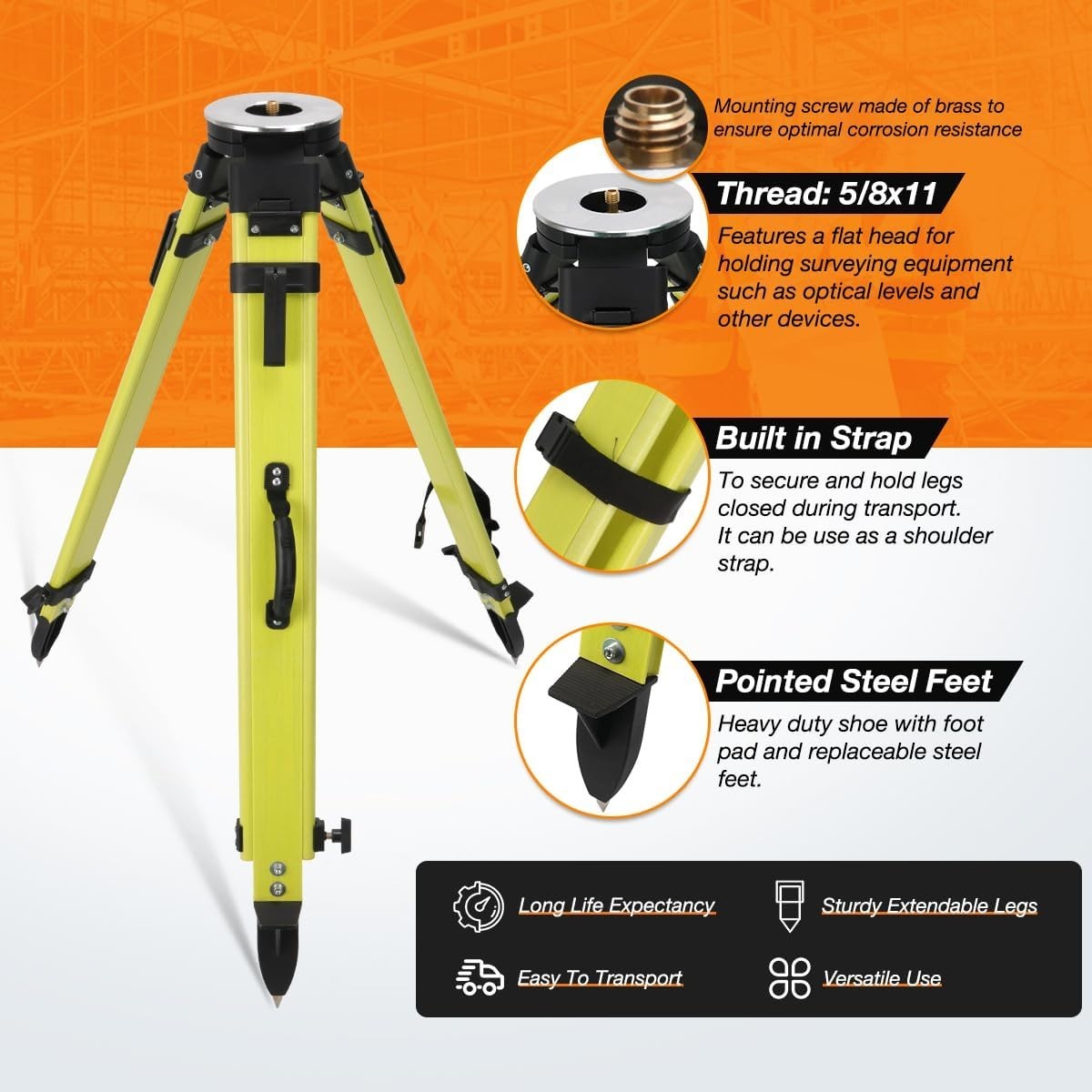 Lightweight 72” Fiberglass Surveying Tripod – Portable with Strong Stability
