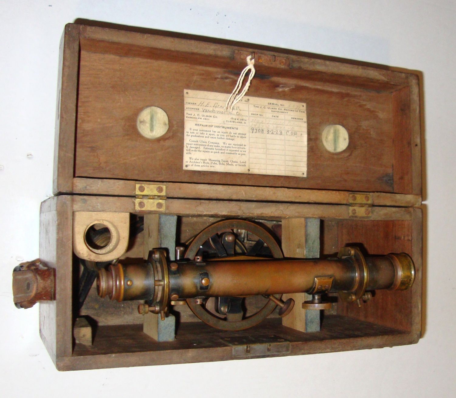 Vintage J.G.Ulmer Co. Surveyor’s Transit Scope Tool + Wood Case – Nice Patina