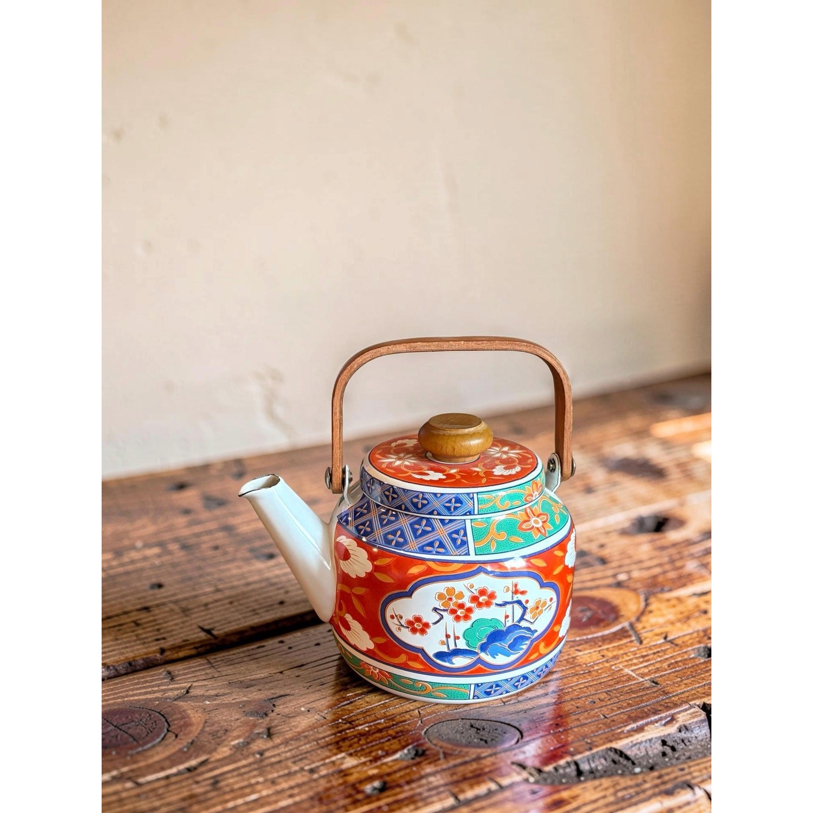 Vintage Takahashi Japan Imari Teapot Wooden Handle Mid Century