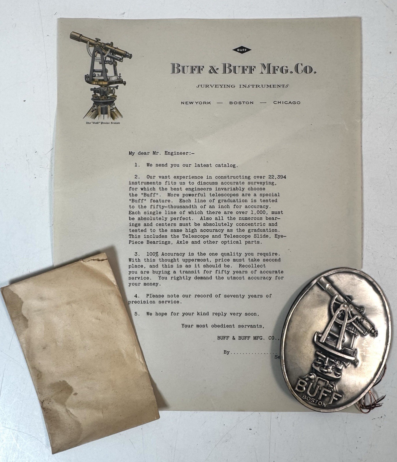 1930 Buff & Buff Surveying Transit Face Plate w/ Original Letter
