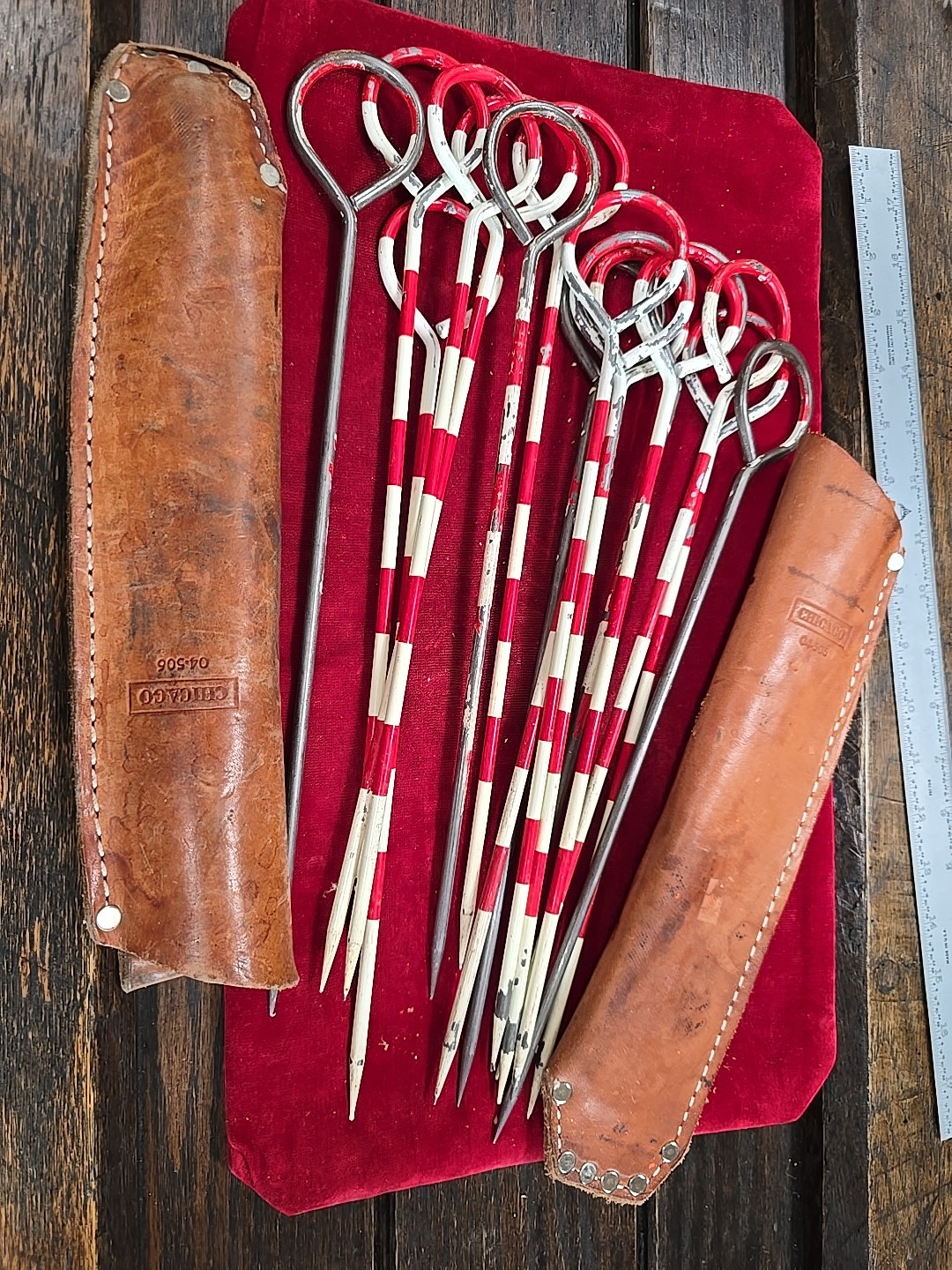 2 Sets Of 8 Surveyor Field Chaining Pins/Stakes wLeather Sheath Chicago VTG USED