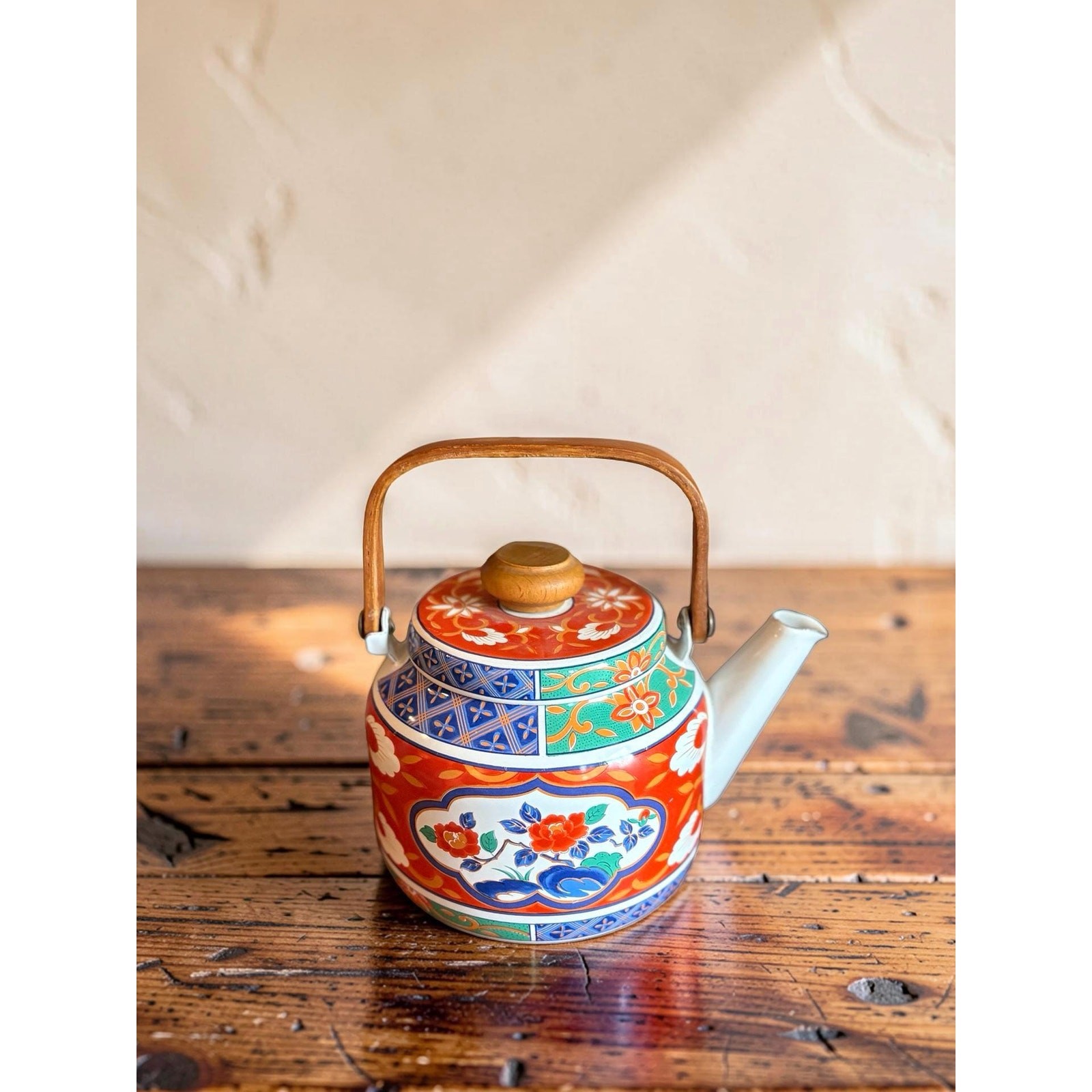 Vintage Takahashi Japan Imari Teapot Wooden Handle Mid Century