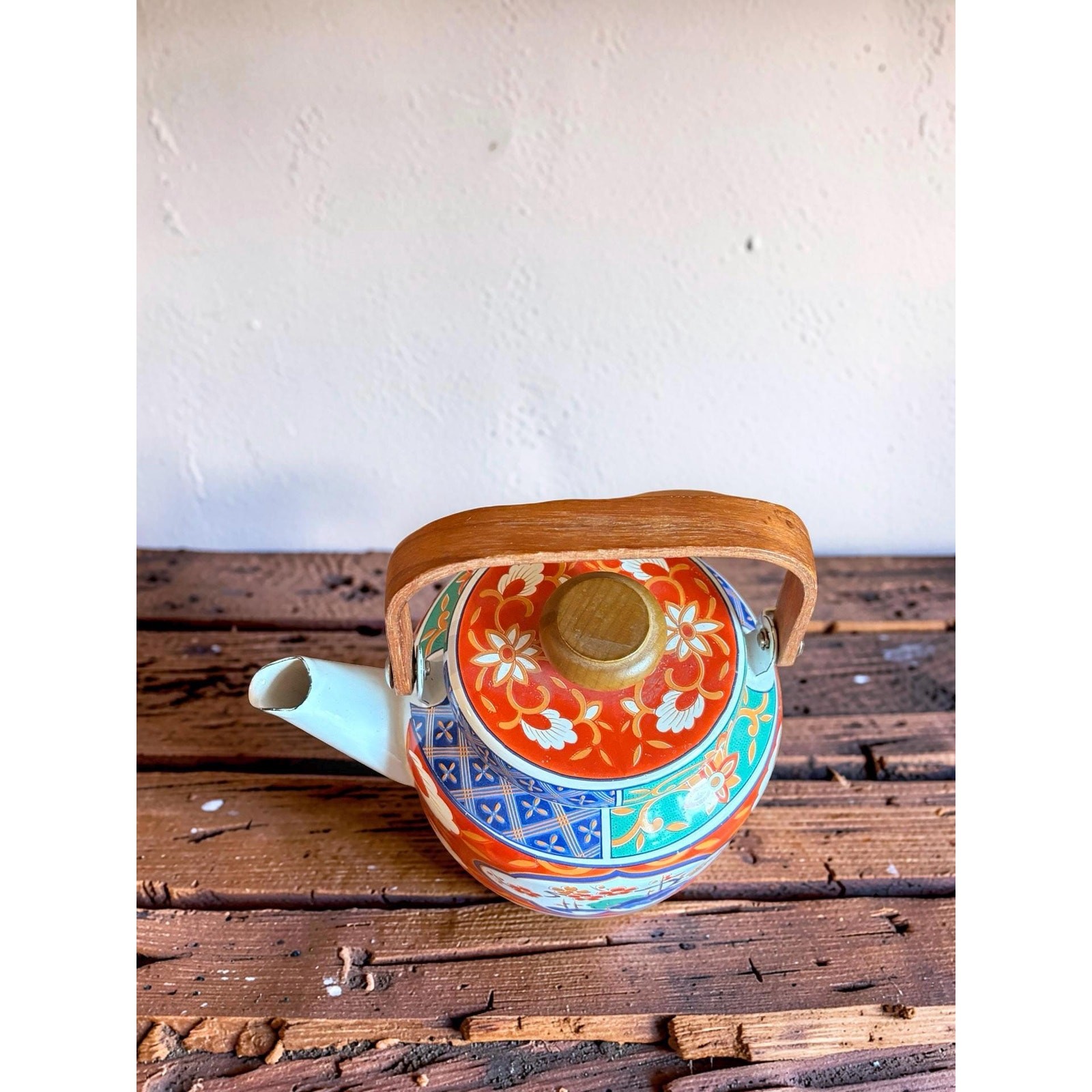 Vintage Takahashi Japan Imari Teapot Wooden Handle Mid Century