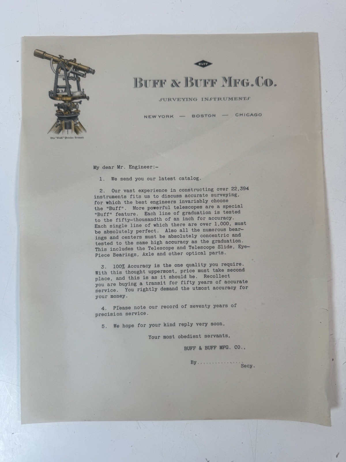 1930 Buff & Buff Surveying Transit Face Plate w/ Original Letter