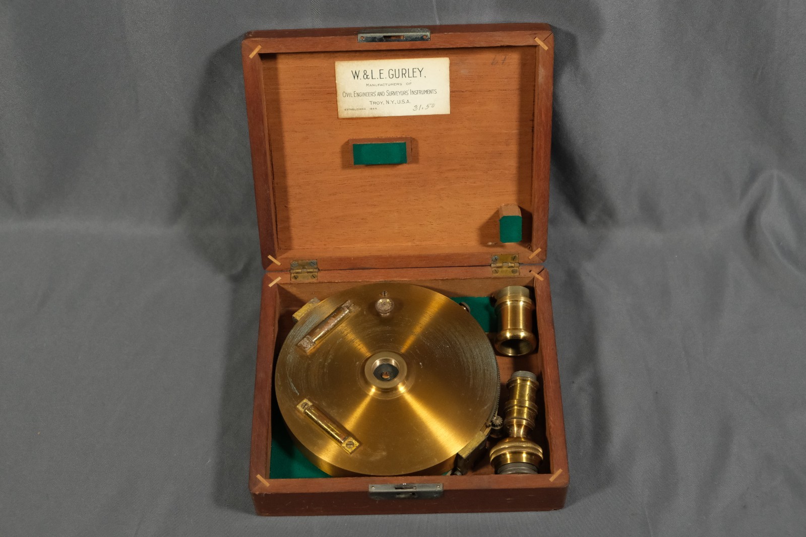W & LE Gurley Brass Surveyors Staff Compass with Wood Case (Crack Glass)