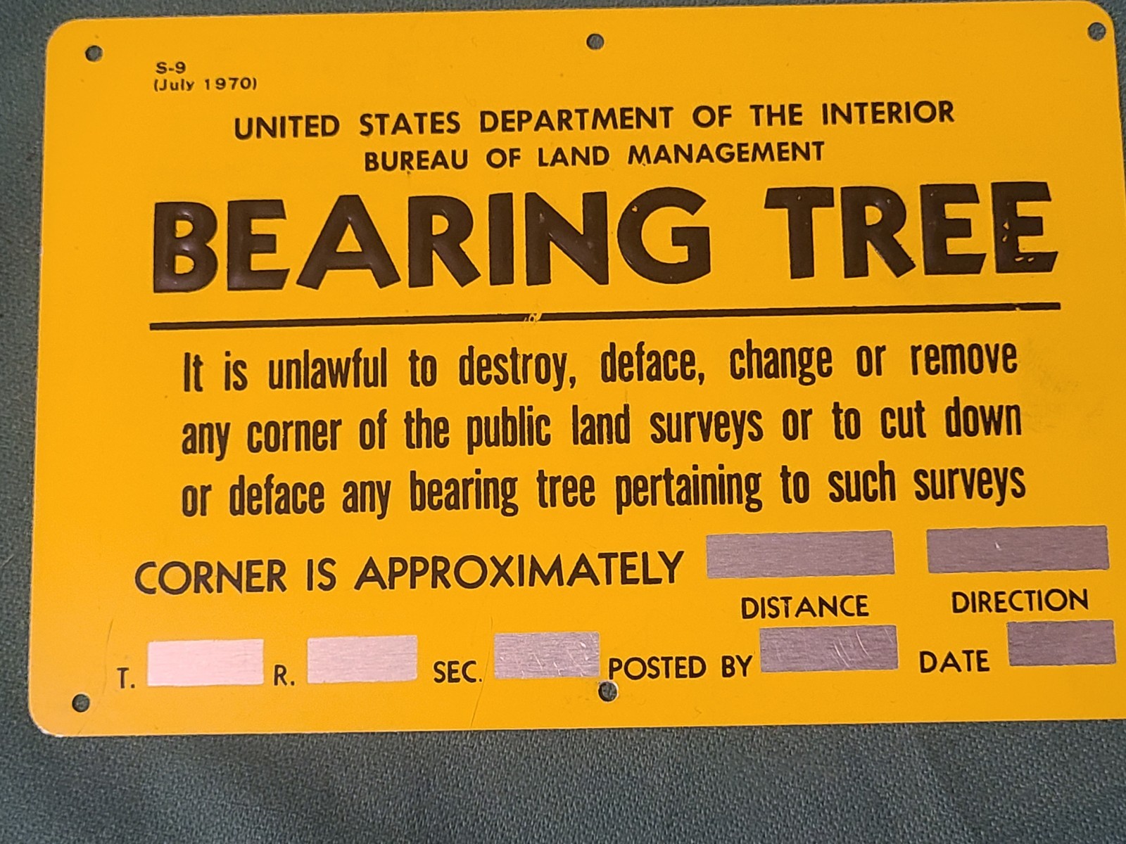 Mint Unused Bearing Tree Metal Sign Land Surveyor Used 4″ x 6″