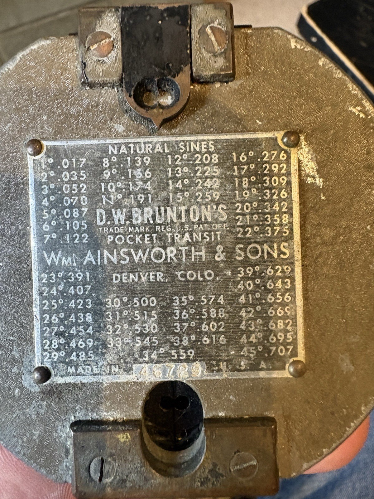 Wm. Ainsworth & Sons D.W. Brunton Pocket Transit Compass w/ Sines Table Plate